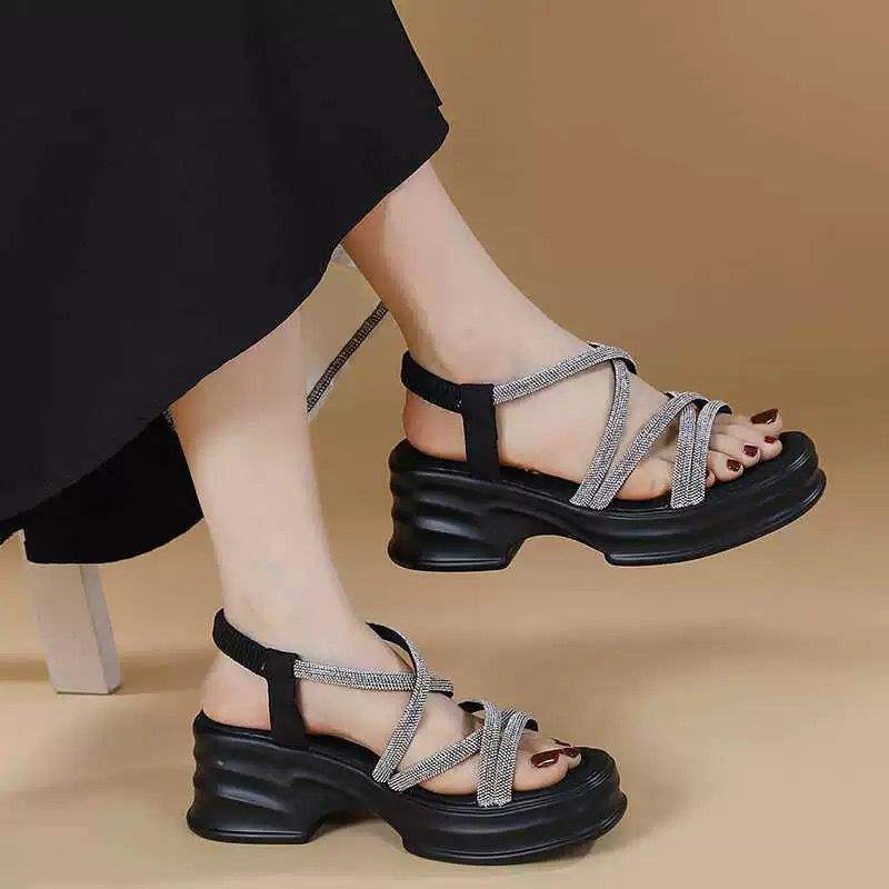

Wedge heel rhinestone sandals female summer fairy wind 2025 new beautiful platform fashion thick heel wear Roman shoes female 40