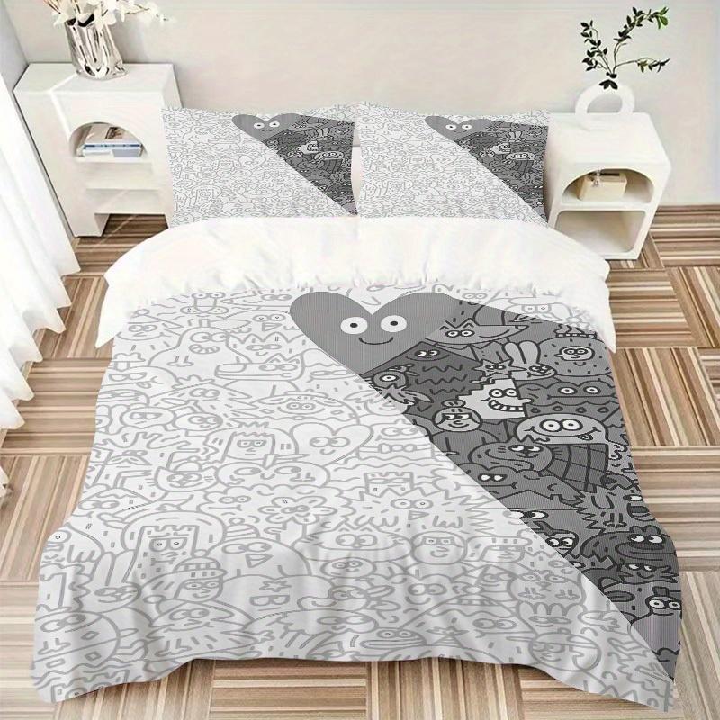 3pcs Doodle Creatures Bedding Set, Breathable and Soft, Suitable for All Seasons, Ideal for Home Use, Suitable for Bedroom Decor 21109