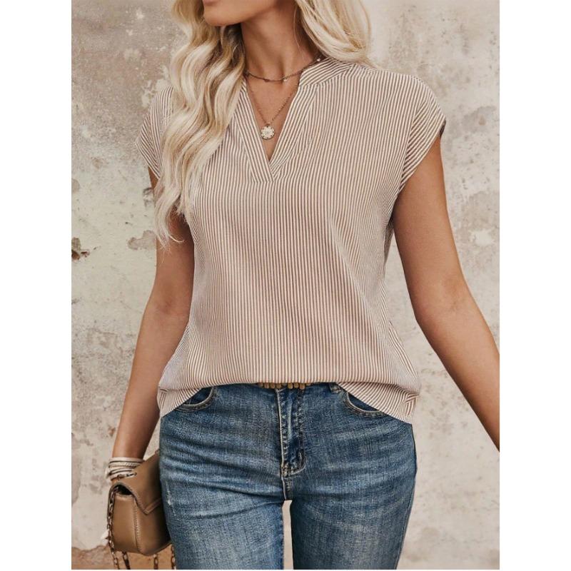 

Women s New Summer Buttoned Short-sleeved Shirt Lapel Casual Striped Top XL коричневий