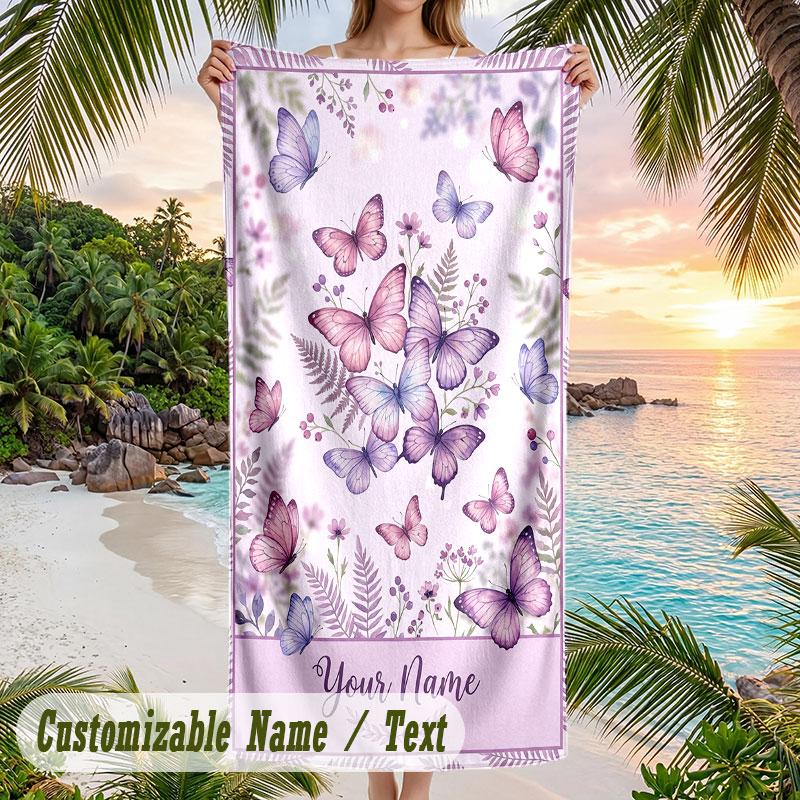 Butterflies Ferns Theme Quick Dry Beach Towel Custom Name Text Print Large Sand Resistant Towel Beach Vacation