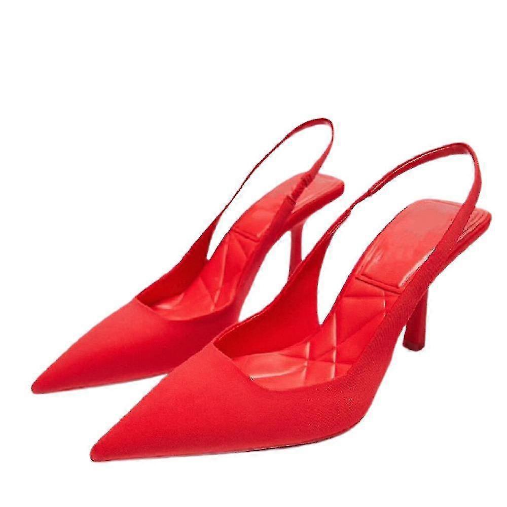 Women's Pointed Toe Heels Sandals Party Ankle Strap Slingback Stiletto High Heels Slip On Mules Shoes-37-Red
