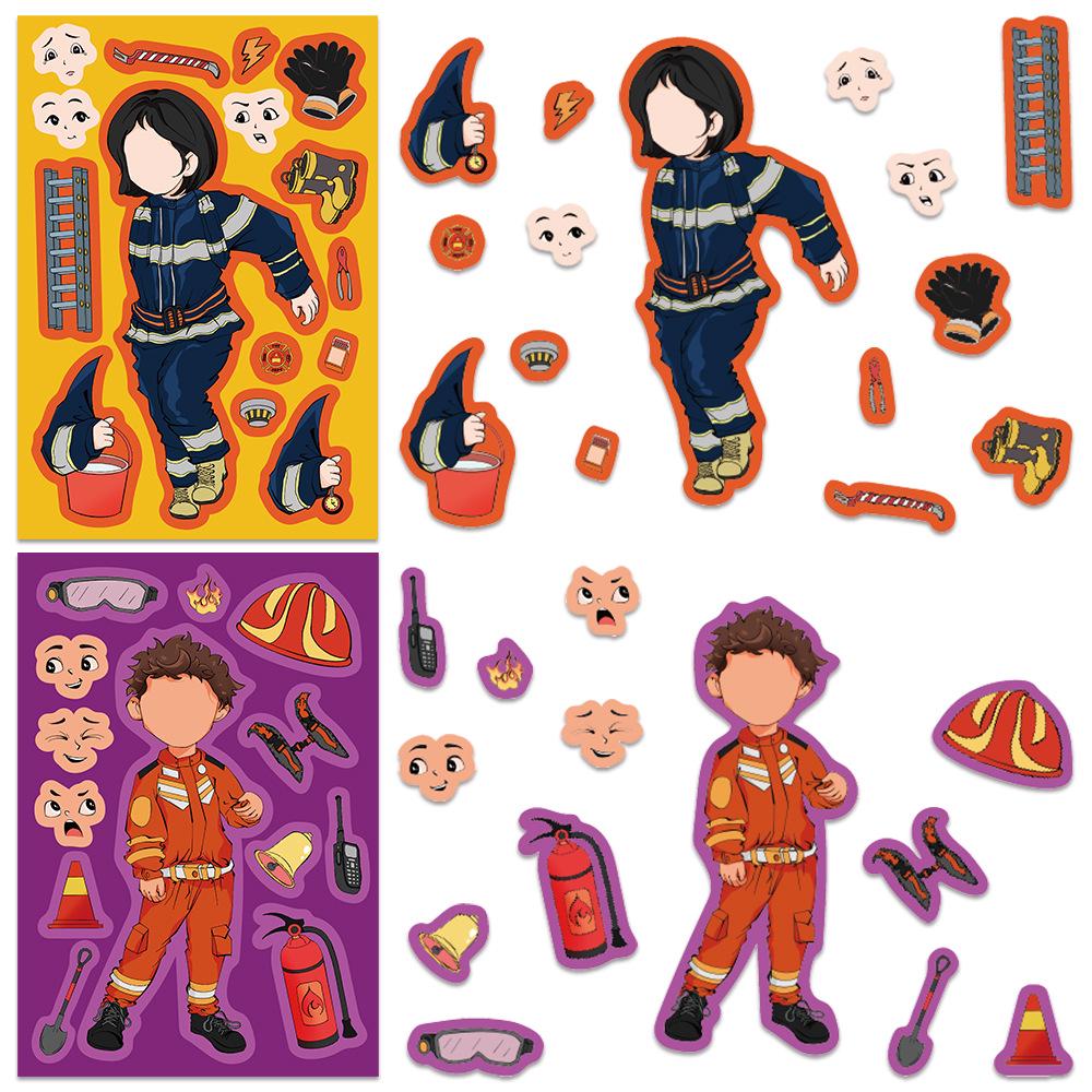 8 Sheets Cartoon Firefighter Face Swap Stickers for Laptops, Motorcycles, and Helmets