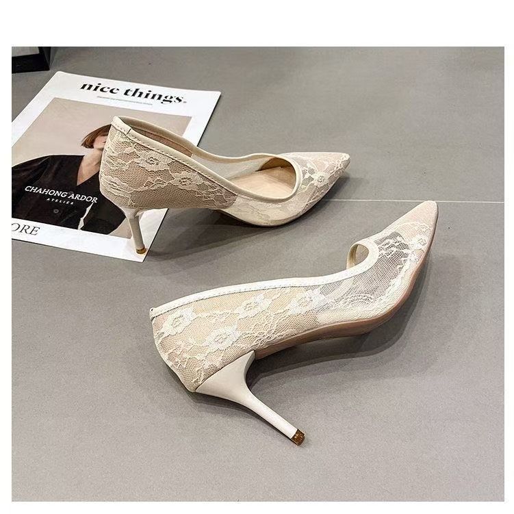 Hollow and breathable French shallow mouth single shoes pointed high heels 2025 new lace stiletto temperament women's shoes women's summer