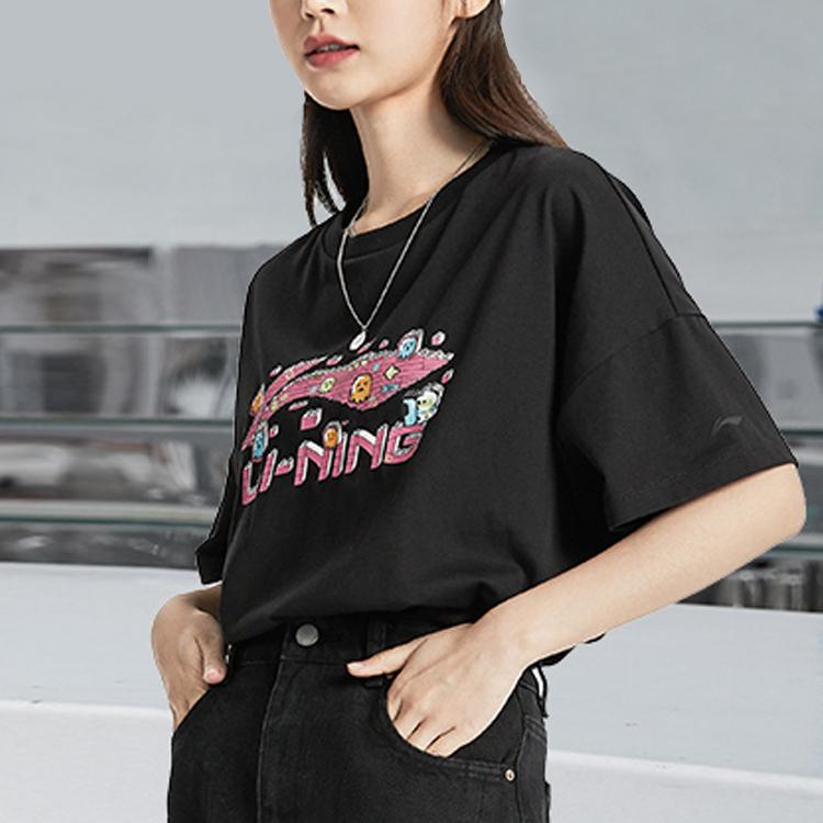 Li-Ning Graffiti Cartoon Print Loose Sports Short Sleeve T-Shirt Women Tops Black AHSR832-6
