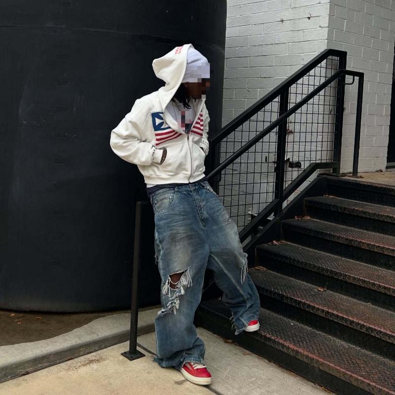 Evropská a americká Y2K mikina s kapucí s potiskem písmen, kapsou, personalizovaný trendy volný hip-hopový kardigan