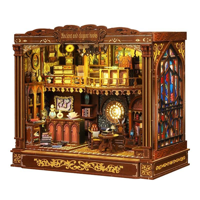 Jiate DIY Toy Book Nook Ancient Book Style Handmade Assembly Architectural 3D Bookend Model Gift for Men Women