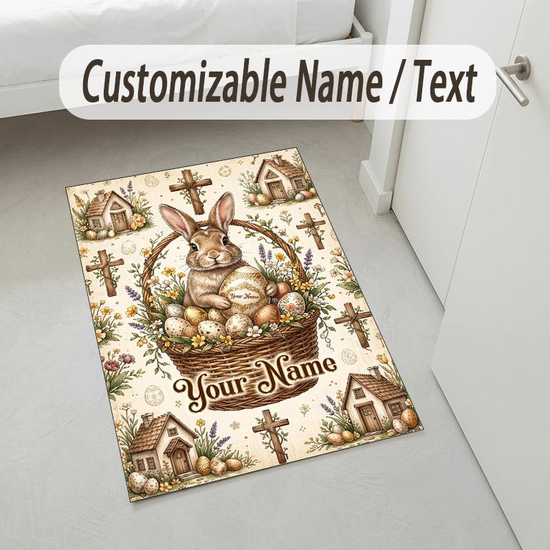 Easter Bunny Theme Crystal Velvet Rug Personalized Custom Name Text Soft Floor Mat Home Decor