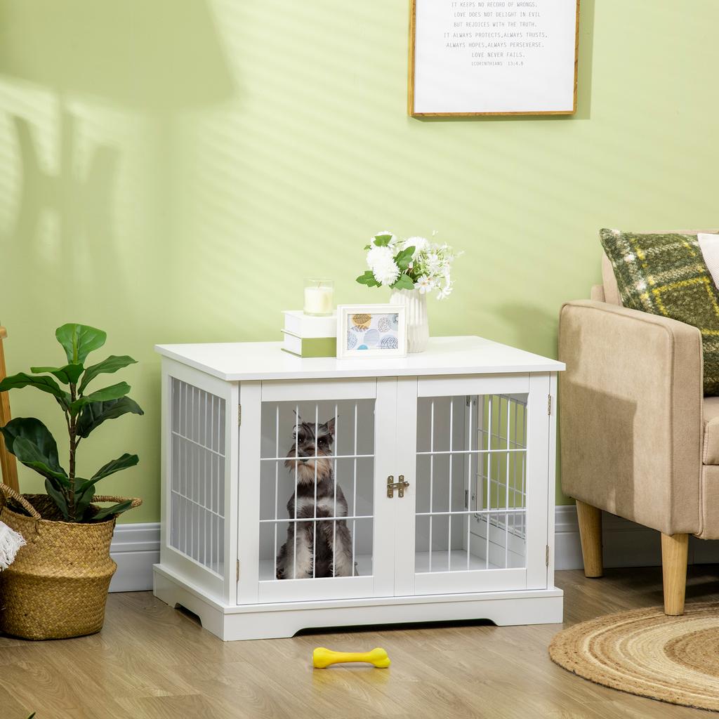 2-in-1 Dog Pet Cage Side Table Indoor Dog Crate Furniture with 2 Lockable Doors - Dim. 76L X 54.5W X 56H Cm - Metal and MDF