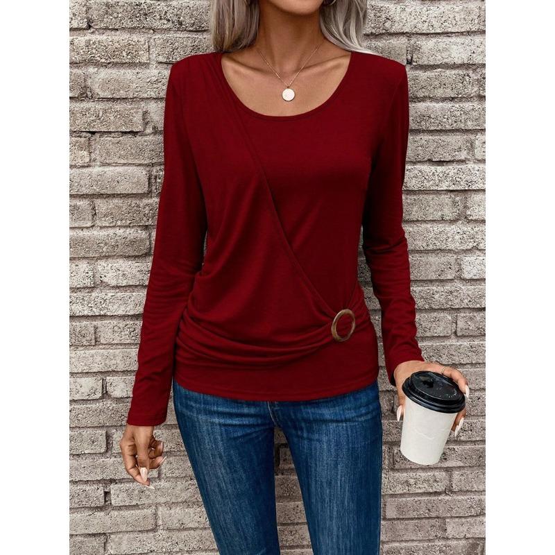 Women's Fashion Casual Spring Fall Solid Color Print Long Sleeve O-Neck Pullovers & Long Sleeves