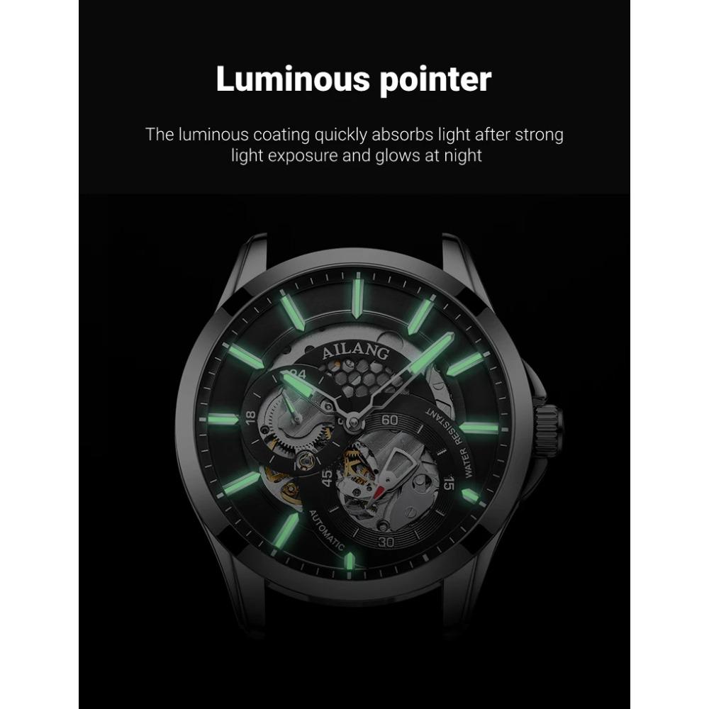 AILANG Men Automatic Mechanical Wristwatch Hollow Skeleton Dial Stainless Steel Band Business Sport Male Watch