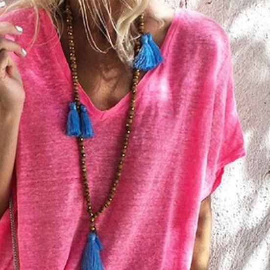 Damski T-shirt z dekoltem w serek, z krótkim rękawem, w jednolitym kolorze, luźny krój, na lato