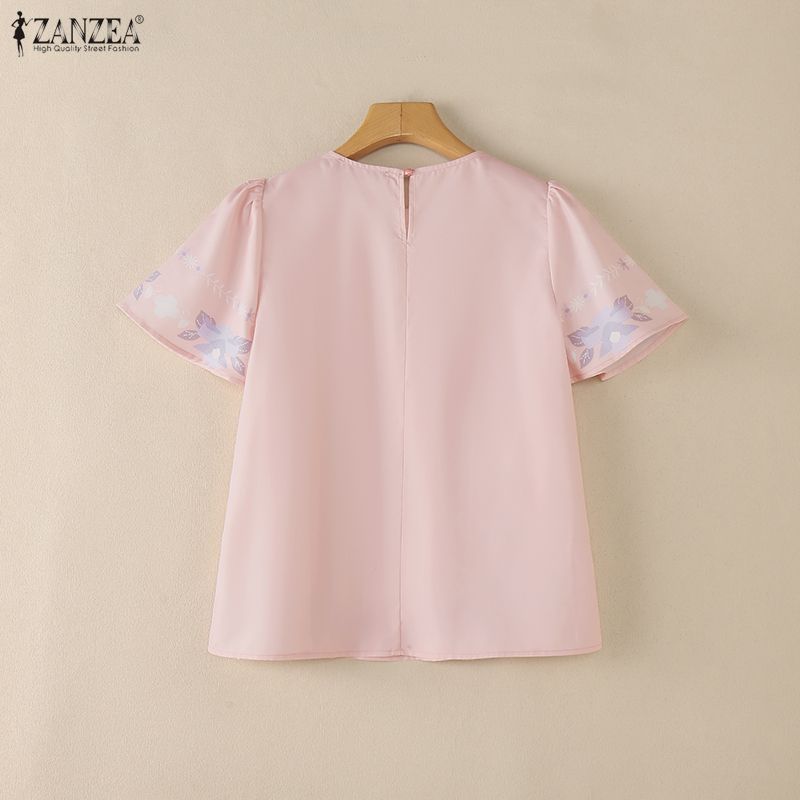 ZANZEA Women Casual Round Neck Floral Print Loose Short Sleeve Pleated Blouse