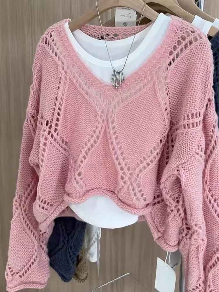 

V-neck sexy pure desire high waist hollow long sleeve pullover knitted sweater design sense sweater loose top short average size 53-173