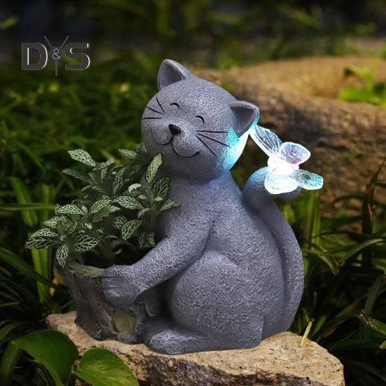 Solar Garden Blomsterpotte Kattestatue med LED-sommerfugl Vanntett Plantekrukke Kattunge Resin Figur Skulptur Utendørs veranda Hage Plendekorasjon