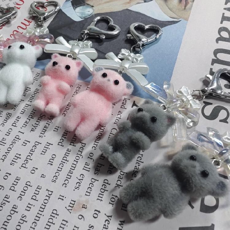 Cute Flocking Animal Keychain Cat Bear Doll Bowknot Pendant Keyring Accessories