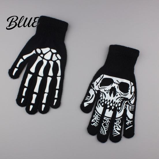 Stylish Scary Costume Accessories Halloween Glow‑In‑The‑Dark Skeleton Knit Gloves Luminous Skull Bone Print Flexible Finger Movement