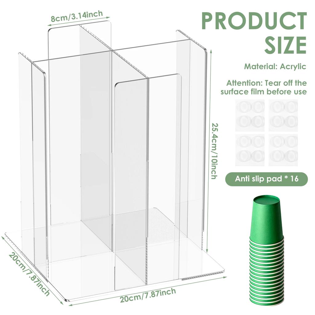 1/2/4 Compartment Paper Cup Storage Holder Acrylic Transparent Paper Cup Dispenser Vertical Disposable Cup Holder for Kitchen