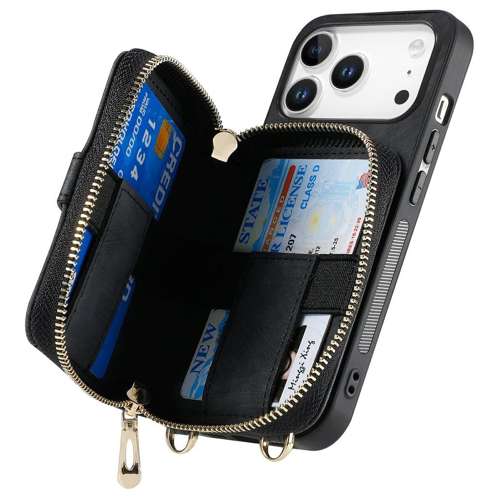 For iPhone 17 Pro Max PU Leather Phone Back Cover with Zipper Card Holder and Long Strap