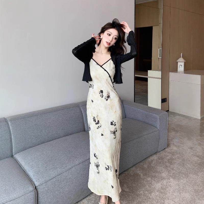 Authentic Chinese-Style Satin Camisole Dress: National Print, Bias Cut, High Waist, Slimming, Long-Tempered Fit