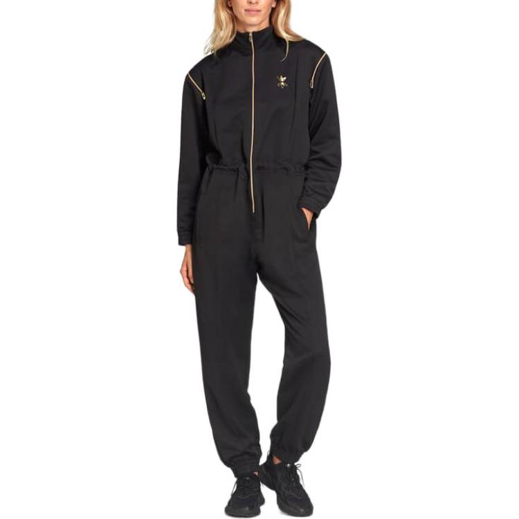 adidas Originals Solid Color Zip Collar Long Sleeve Jumpsuit Women Jumpsuit Black HG6682