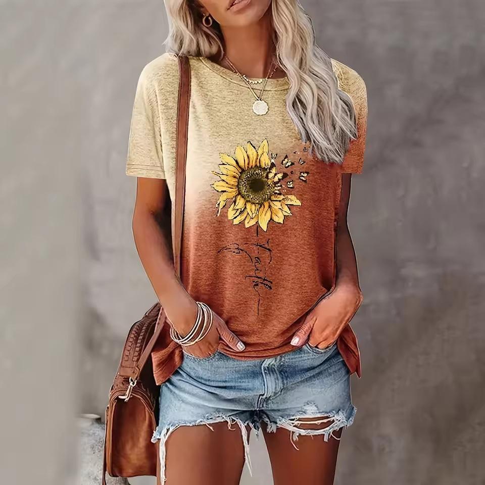 Summer Round Neck Short Sleeved Loose Top Casual 3D Flower Pattern Printed Women's T-shirts