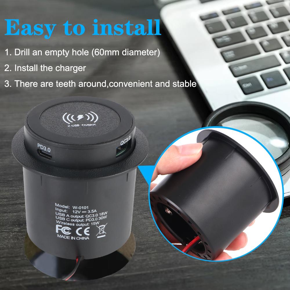 15W For Camper Truck ATV Boat Car RV Quick Charge PD 3.0 USB Type-C Embedded Wireless Charger Outlet Socket Car Charger