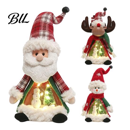 Indoor Xmas Atmosphere Light Lighted Christmas Doll Decoration, Cute Plush Santa Claus/Snowman/Reindeer Figurine with Standing Character Set Warm LED