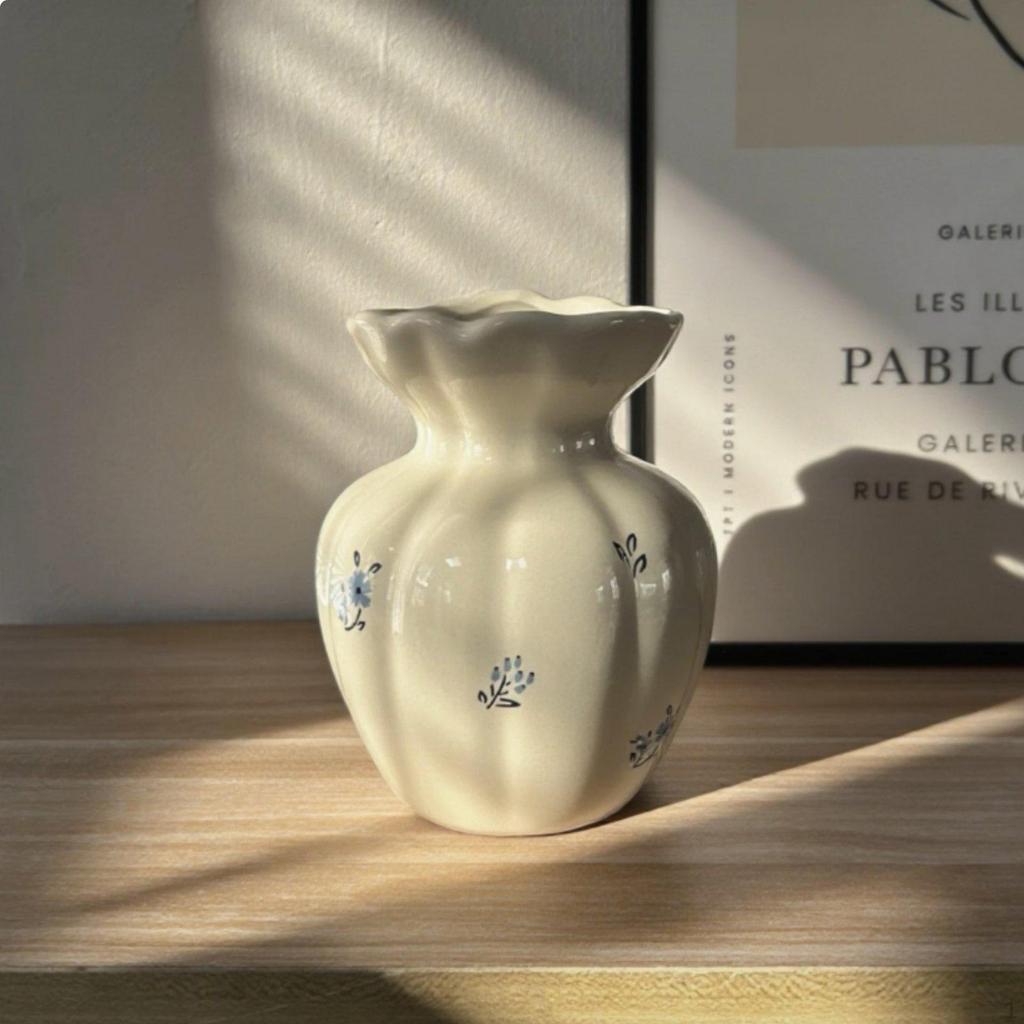 Ruffled Ceramic Vase Glossy Glaze Finish French Style Flower Holder WaterBased Suitable Vintage