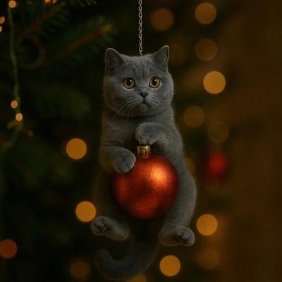 Cat Christmas Ornament Cute Kitten Christmas Ball Ornament 2D Flat Hanging Charm for Car Rearview Mirror