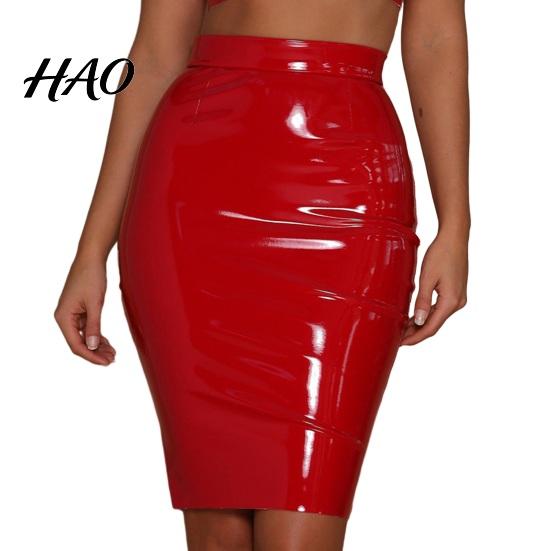 Slimming High Waist Skirt Women Club Faux Leather Skinny Sheath Zipper Closure Solid Knee Length Color Glossy Surface Slim Fit Lady Party Dating