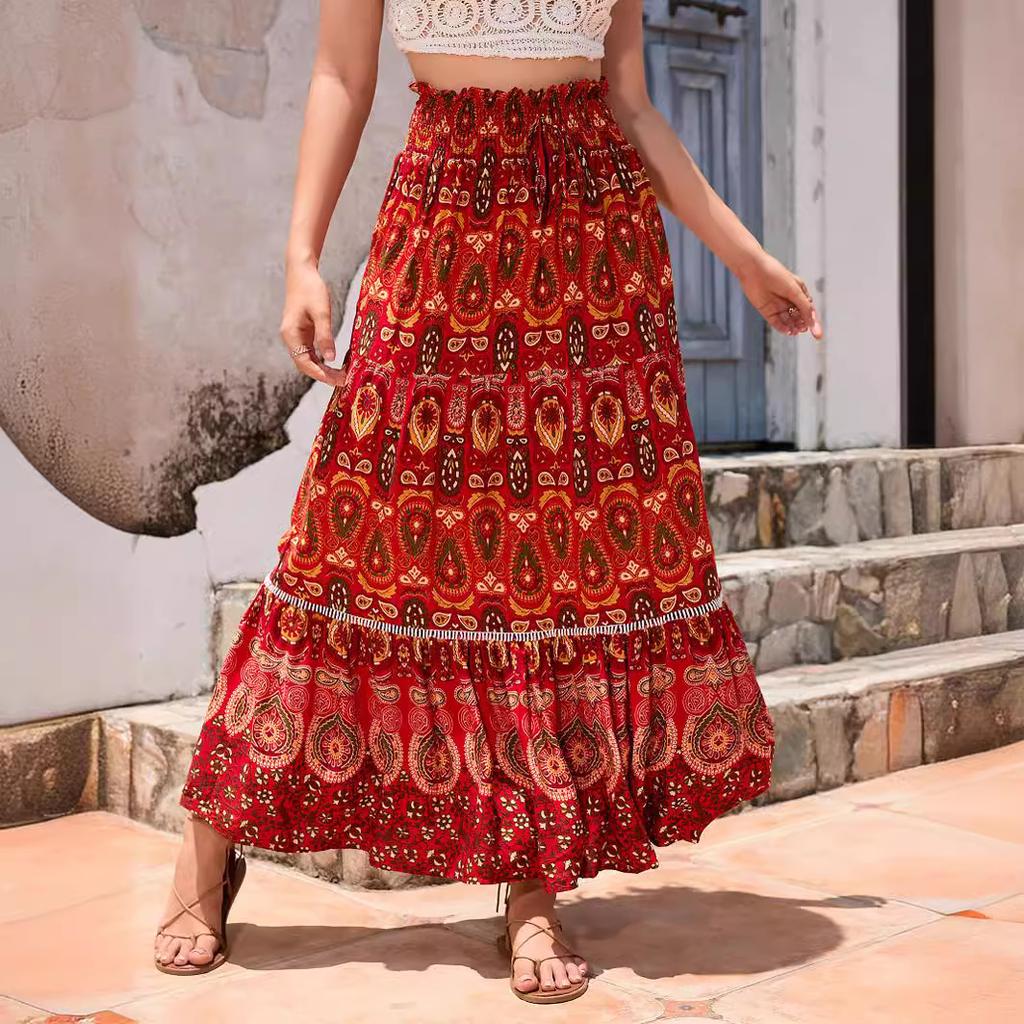 Holiday wind hollow lace splicing human cotton skirt exotic wind high waist thin swinging beach skirt