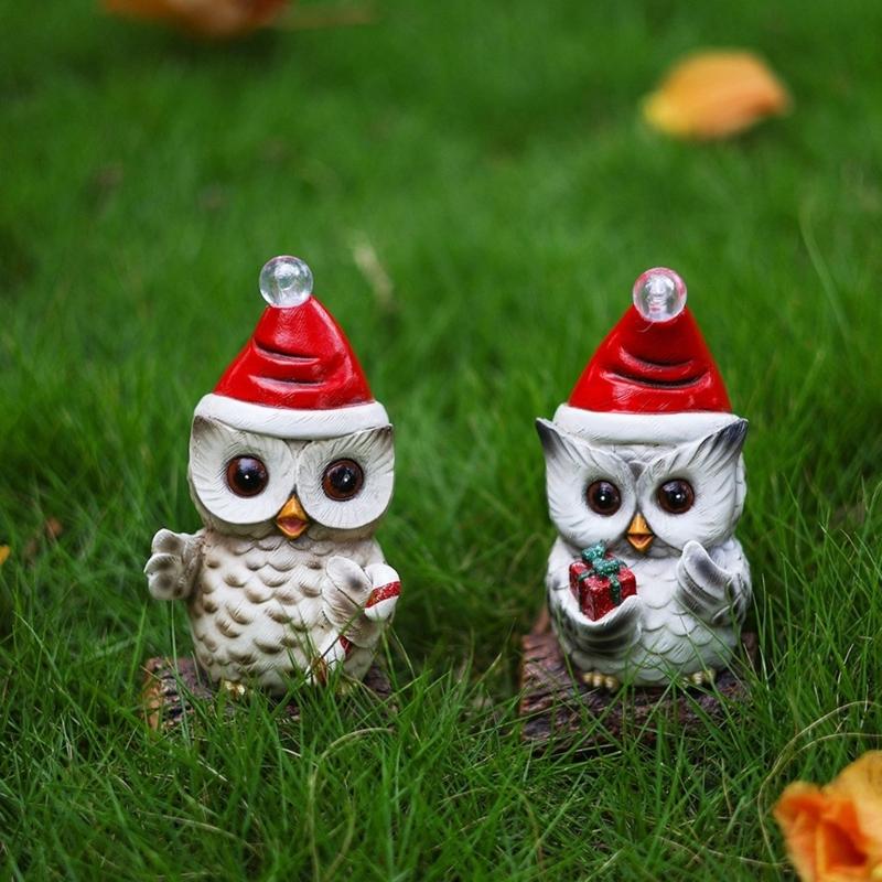Owl Statue with LED Lighted Santa Hat for Festival Home Accent Resins Miniature Figurine Christmas Decorative Ornament
