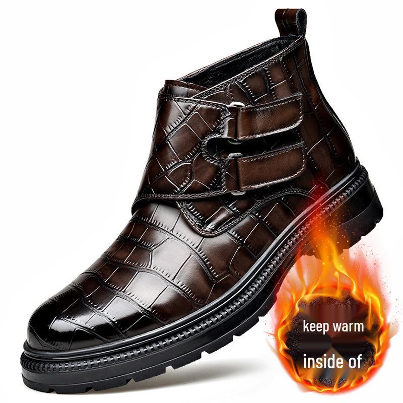 Men's Autumn/Winter Chelsea Leather Boots with Embossed Pattern, Buckle, Plus Velvet Warmth, and Velcro. Short Martin-Style.