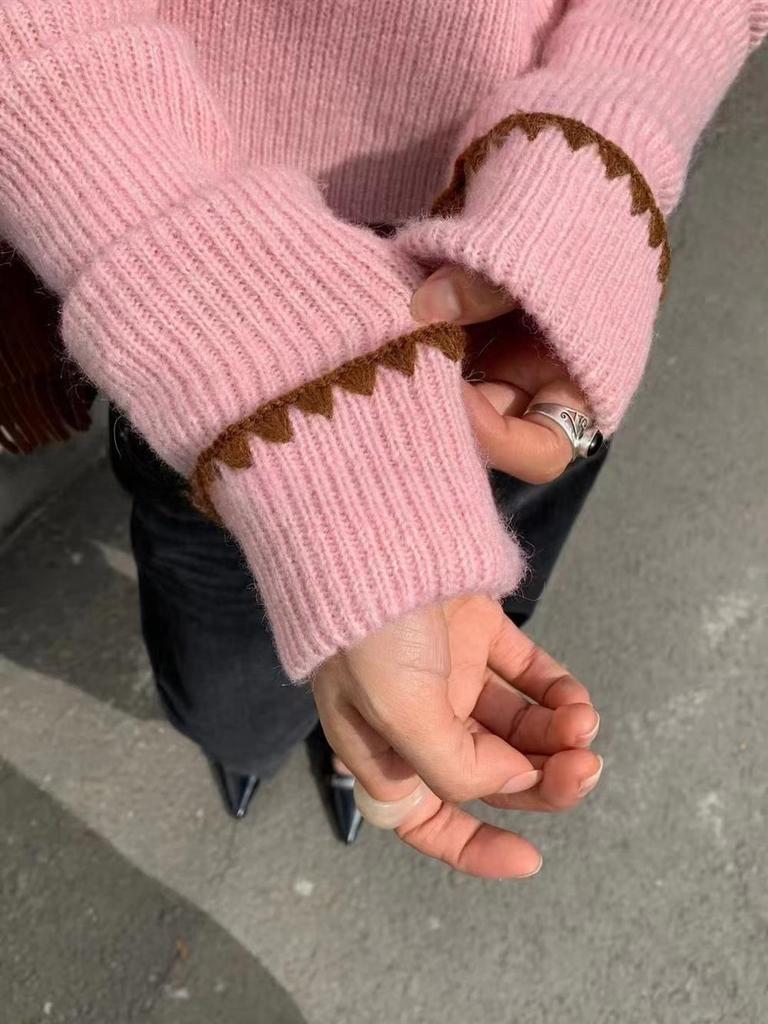 French Retro V-Neck Color Block Ribbed Knit Sweater for Women - Autumn Winter Trendy Slim Fit Pullover