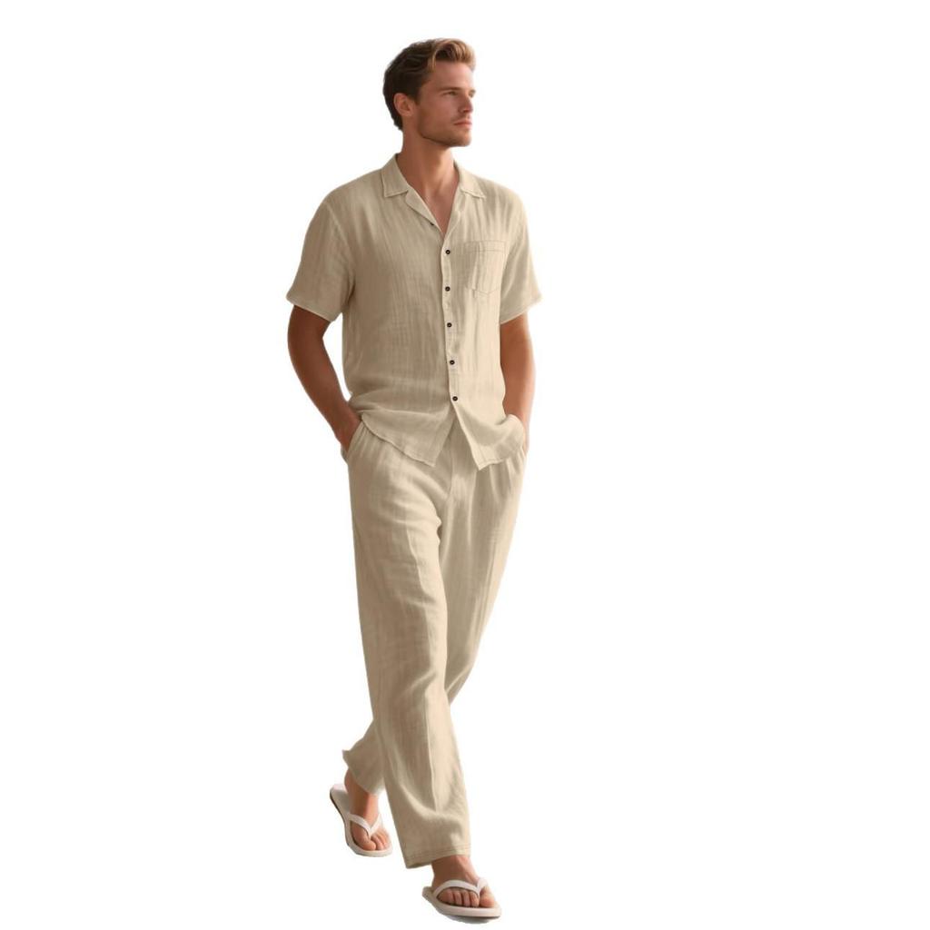 Men's European Linen Summer Two-Piece Set: Short-Sleeve Shirt & Long Pants for Travel or Beach