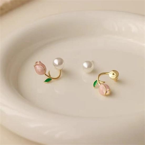 1 Pair Stud Earrings Flower Faux Pearl Jewelry Korean Style Dripping Oil Ear Studs
