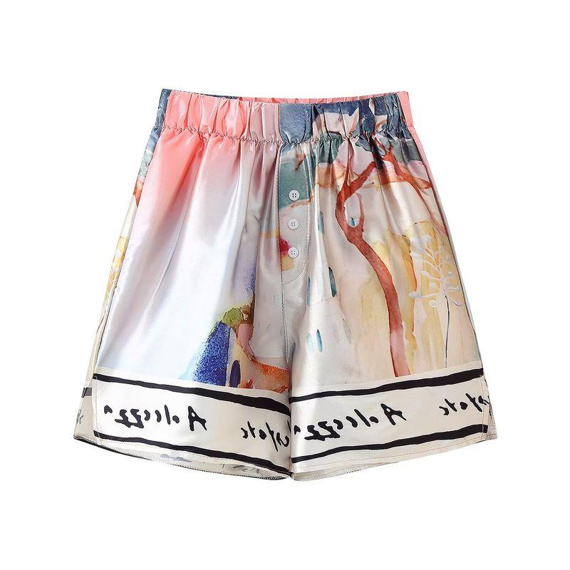 

Kaslead New Women clothes Western Style Simple Loose Lapel Long sleeve Positioning Print Shirts Shorts L