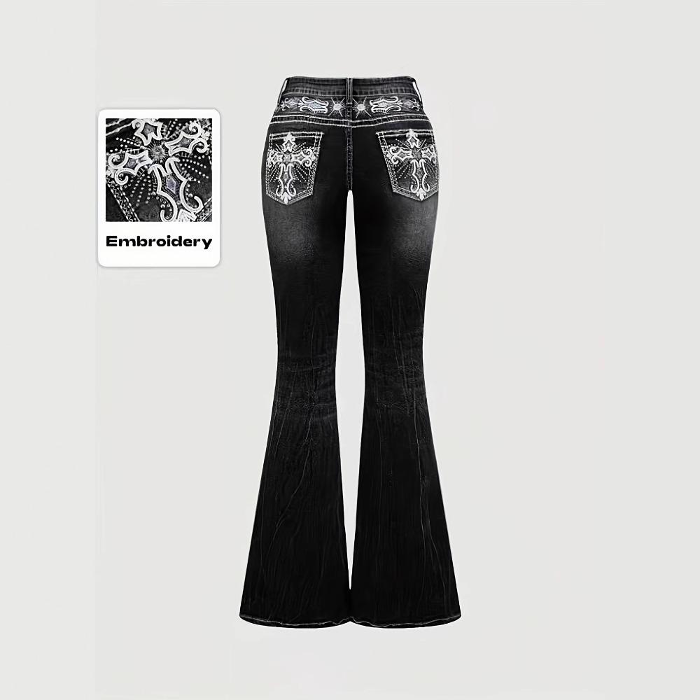 Damen Jeans mit mittlerer Leibhöhe Bootcut Slim Fit Mittlere Dehnbarkeit Kreuzstickerei Strasssteine Dunkel gewaschene Denim Hose Western Herbst Schlaghosen