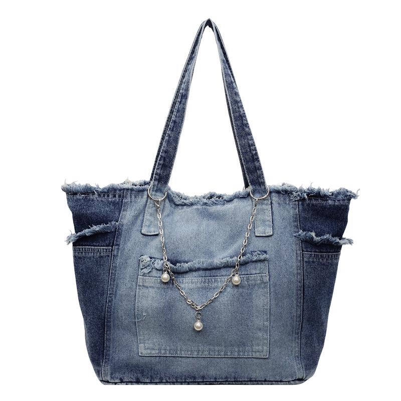 Korean Retro Denim Tote - Large Capacity, Casual, Comfortable, Wear-Resistant, Versatile Single Shoulder Bag