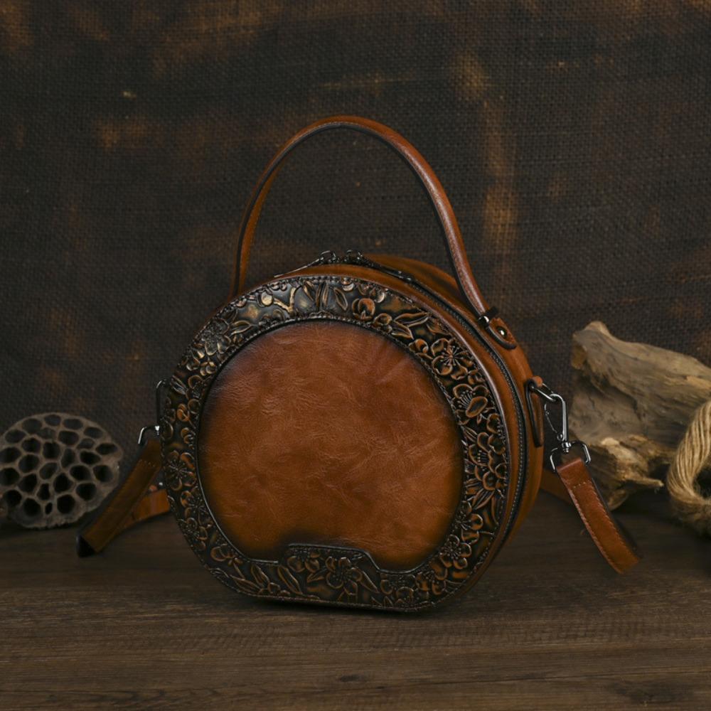 Chinese Style Round Crossbody Bags Women Embossing Shoulder Bags Large Capacity Pu Leather Vintage Handbags For Work Shopping