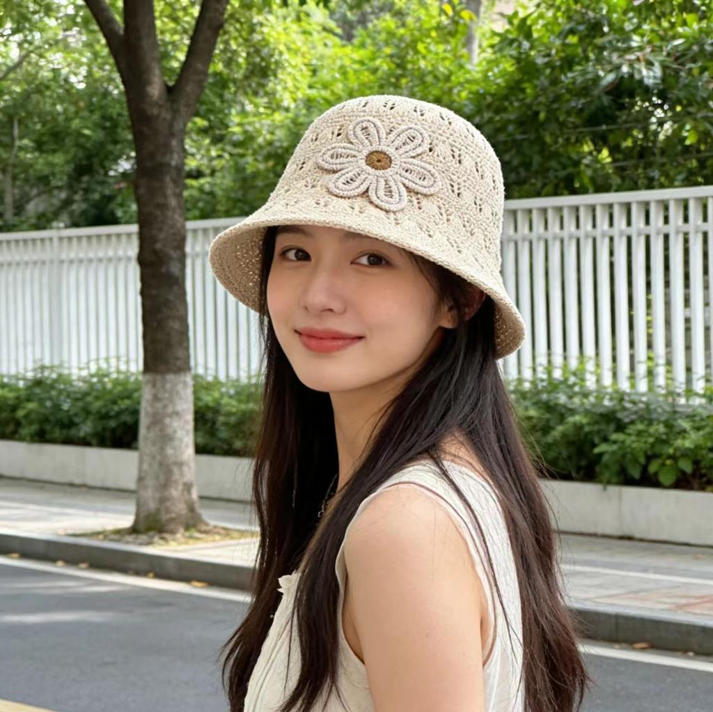 Flower Hollow Woven Bucket Hat Women Spring and Summer Travel Show Face Versatile Plain Bucket Hat Basin Hat