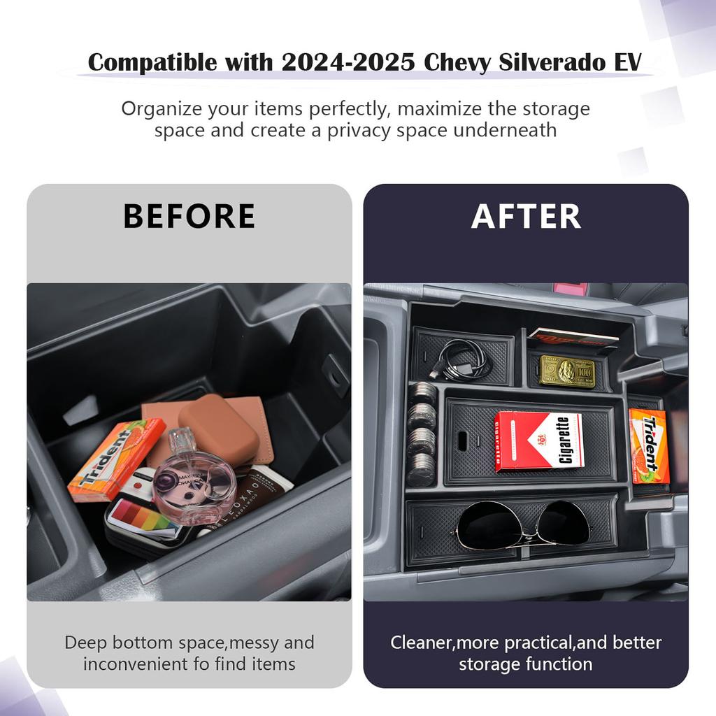For 2025-2025 Chevy Silverado EV Work Truck (WT)/RST Center Console Organizer Tray Armrest Box Storage Interior Car Accessories