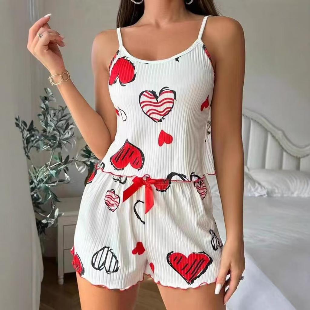 Women's Strawberry Love Heart Print Pajama Set - Casual Camisole & Shorts Lounge Outfit Two Piece