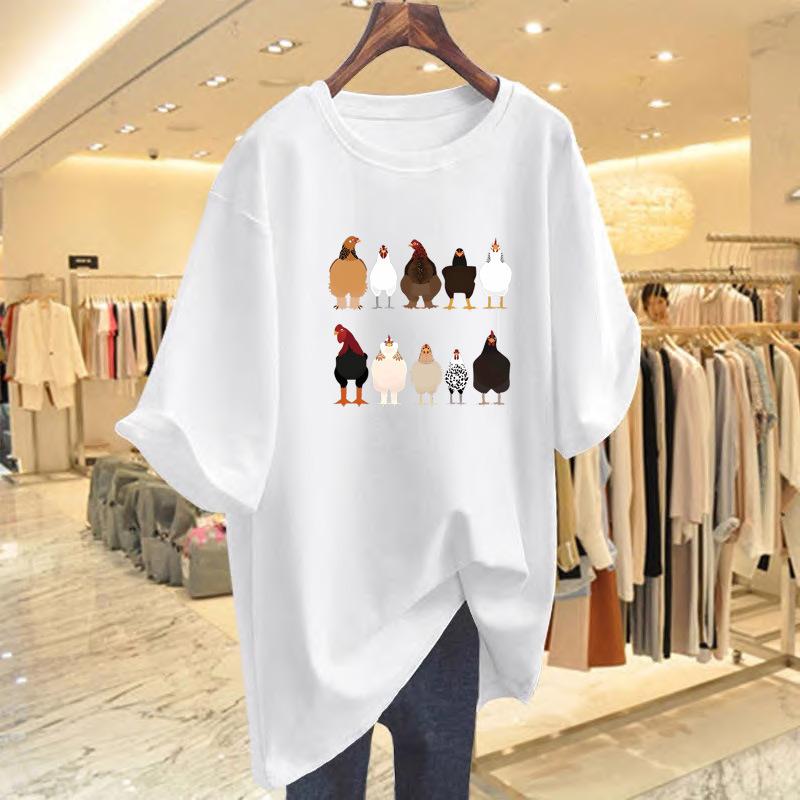 

Cartoon printed short-sleeved t-shirt women s summer 2025 new inner bottoming shirt loose versatile crew neck front shoulder top S