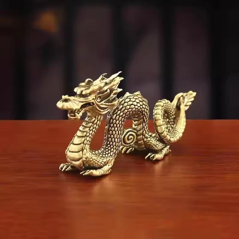 Solid Brass Chinese Zodiac Dragon Statue - Desktop Ornament for Home Office, Retro Feng Shui Crafts & New Year Gifts