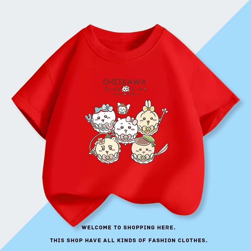 

Jiyikawa Летняя хлопковая футболка с коротким рукавом с принтом, модная повседневная футболка конфетного цвета для детей, топ с рукавом до локтя 160 красный