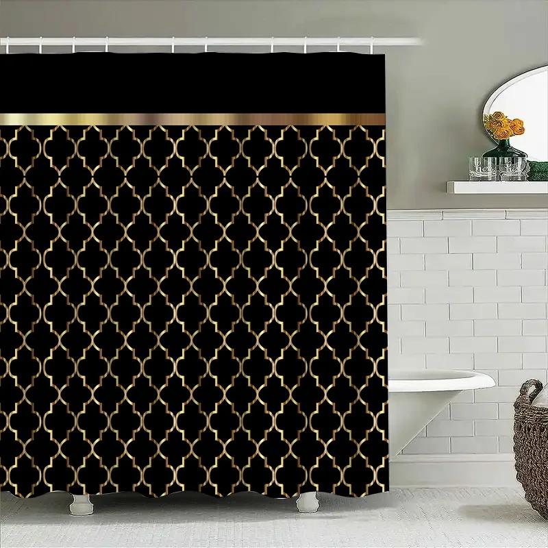 Gold Pattern Shower Curtain Black Bath Mat Set For Home Decor In Bathrooms Waterproof Fabric With Rod Pocket Hole Easy Installat