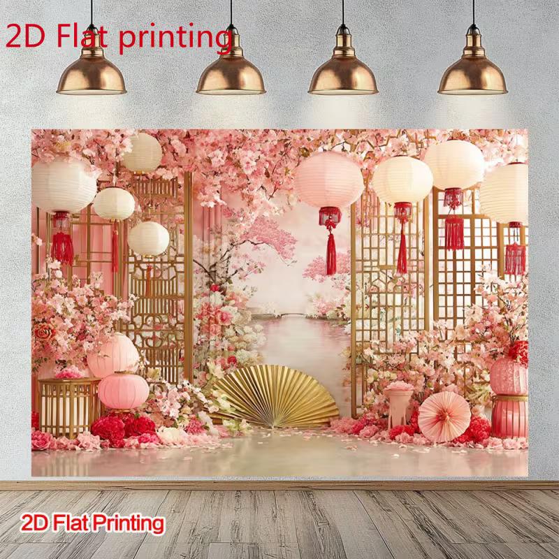2D Printed Backdrop with Cherry Blossoms, Chinese Lanterns, Golden Screens and Fan
