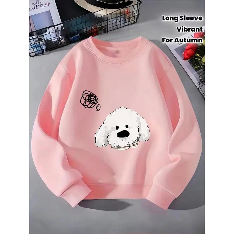 European sizes Kids' Crewneck Sweatshirt - Fluffy White Dog with Black Eyes , Sportswear And Casual Wear, Soft And Comfortable, Children's Clothing