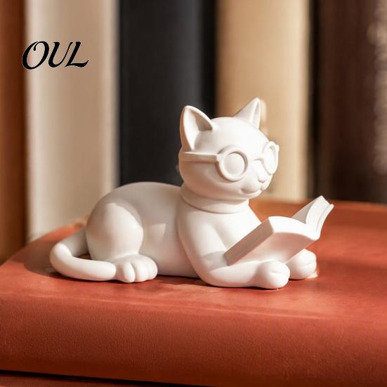 Cat Reading Book Figurine 3D Printed Figurine, Decorative Statue with Eyeglasses, Childlike Room Decoration Creative Animal Desktop Ornament for Home